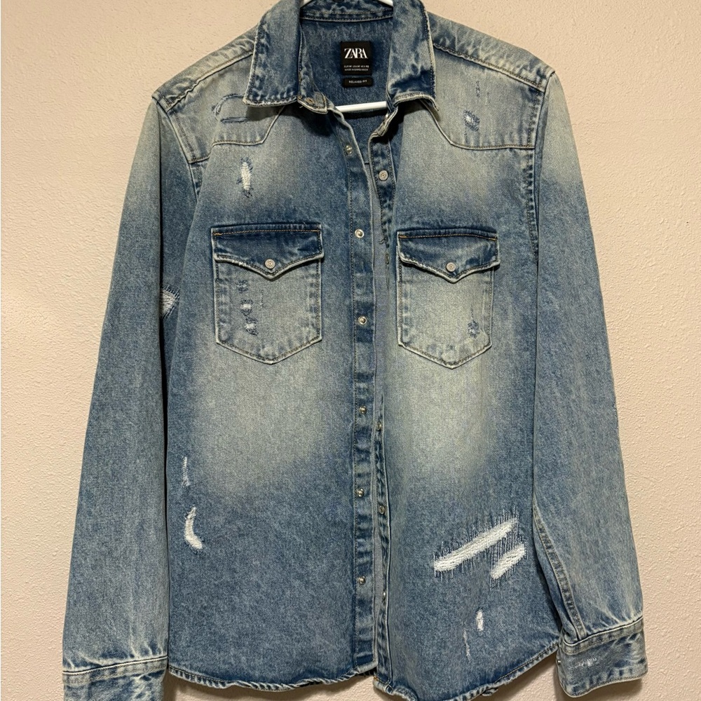 Zara Blue Oversized Distressed Denim Jacket